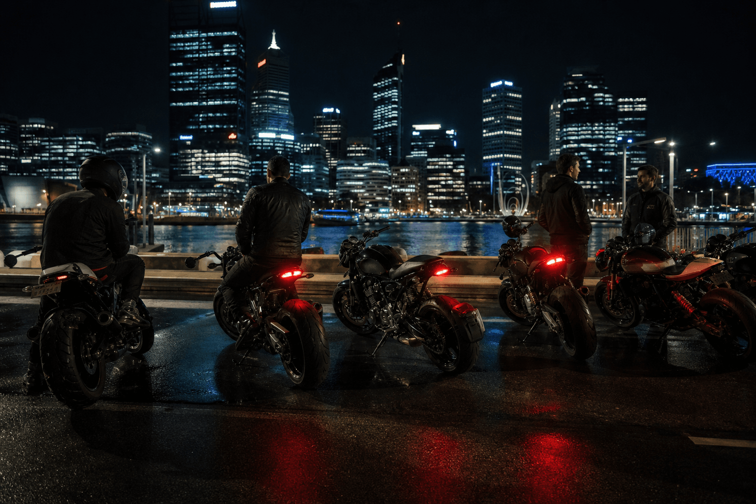 Motorcycles parked at a night meetup with the Perth skyline behind them
